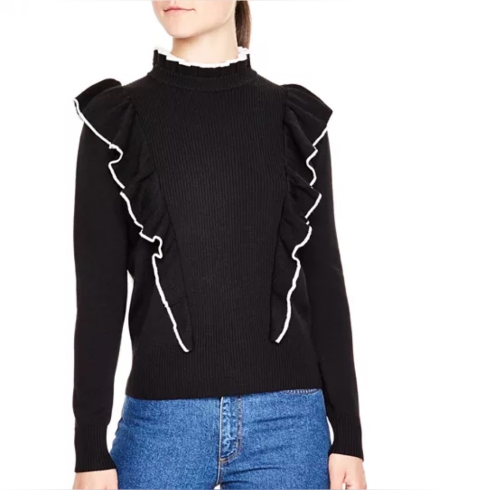 Sandro Paris Nikita Ruffle Sweater Black & White Sz 2 (M)